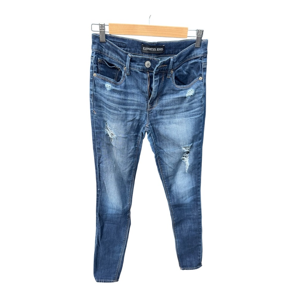 Express Women's Blue Ripped Skinny Jeans